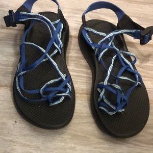Blue and white Chacos